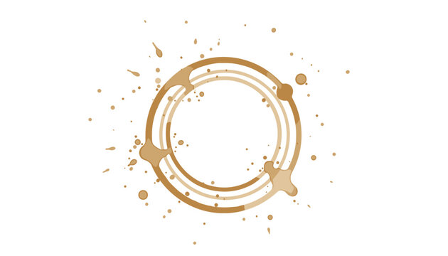 A single large and detailed coffee stain ring with surrounding splatters and droplets rests on a clean and bright white background surface.