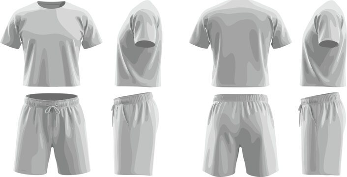 Sportswear mockup set with t shirt and athletic shorts front side and back views vector template