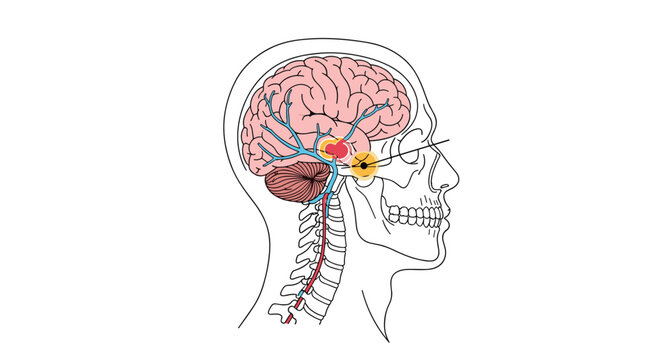 Anatomical diagram of a human head and neck shows the brain, skull, and highlighted nerve pathways with a target zone in the sinus.