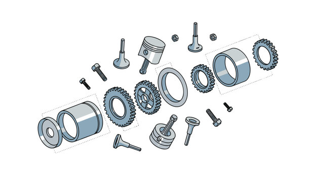An isometric collection of metallic engine components including pistons, gears, and valves is scattered across the plain white background.