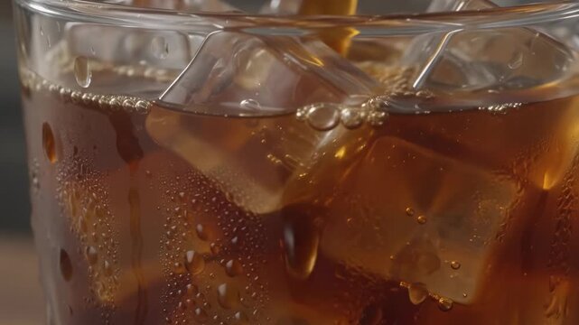 Close up pouring cold brew coffee over ice cubes into a glass