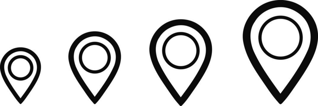 Four black location pin of varying sizes on white background, map marker pointer navigation destination