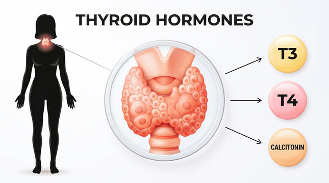 Thyroid hormones t3 calcitonin with thyroid gland illustration, hormones