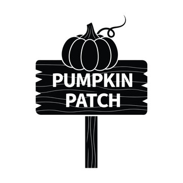 Pumpkin patch wooden sign silhouette with autumn harvest vegetable icon design.