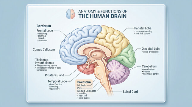 Anatomy and structure of the human brain with labeled parts, structure