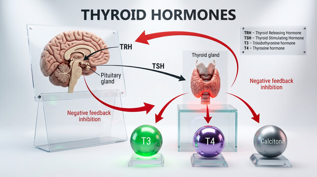 Thyroid hormones regulation process with brain and thyroid gland illustration