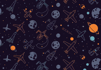 Seamless Space Pattern with Rockets, Planets, and Satellites - Minimalist Line Art Cosmic Background for Fabric and Wallpaper Design © Tantri
