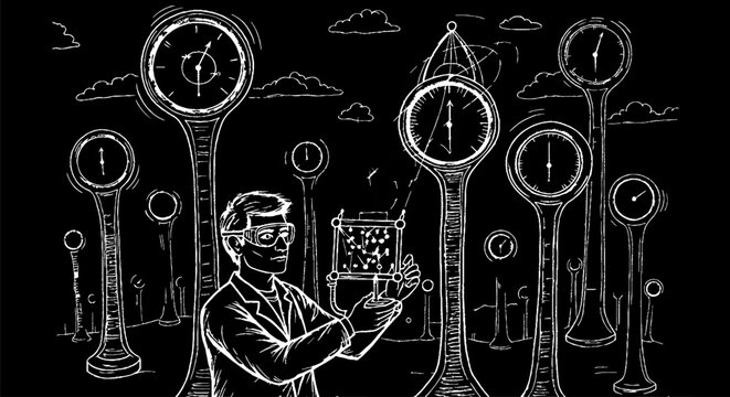 Inventor examining intricate clockwork and time mechanisms sketch.