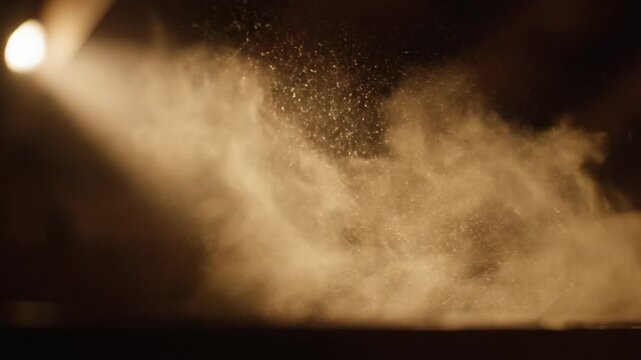 Fine golden dust particles and motes floating in the air, illuminated by a warm light source against a dark black background, creating reflective highlights and glowing bokeh.
