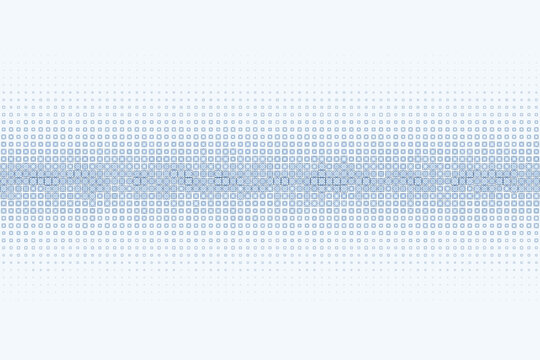 Graduated blue geometric squares and dots pattern on white background, abstract