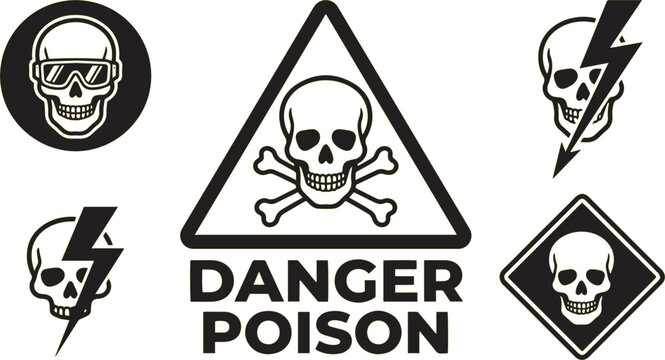 Danger poison signs feature skull and crossbones imagery to warn of hazardous materials and electricity.
