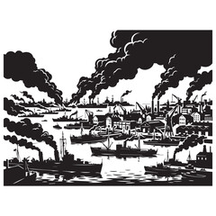 Obraz premium Industrial harbor landscape silhouette with cargo ships and heavy smoke emissions, industrial