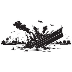 Naklejka premium Sinking warship damaged by air attack near city harbor with airplanes military wreckage conflict