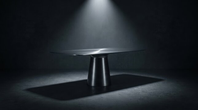 Spotlit empty round table with dark background and reflective surface spotlight