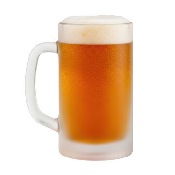 Frosted glass mug of cold amber beer with white foam head, chilled lager in a heavy tankard with condensation, refreshing alcoholic beverage