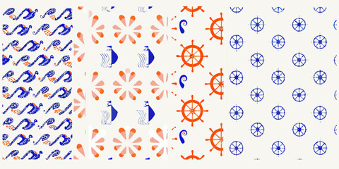 nautical patterns with anchors wheels and waves © Bivuti