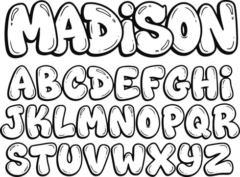 Black and white bubble letter alphabet and "madison" text letters bubble letters graffiti font