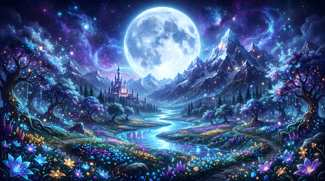 Enchanting Moonlit Dreamscape A Magical Night Journey Through a Vibrant Fantasy Landscape Adorned with Luminous Flora and Distant Castle