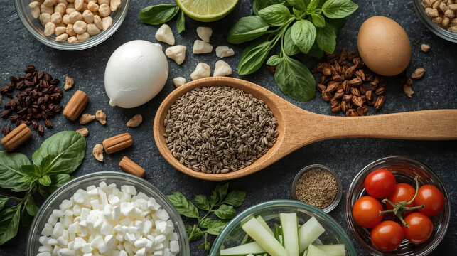 Clean wooden spoon with cumin and fresh ingredients for rustic kitchen food styling