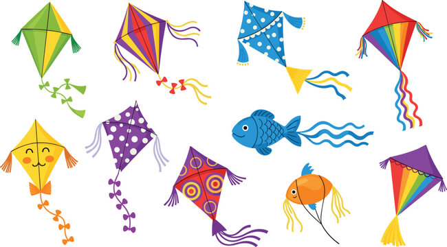 Colorful kite collection featuring cartoon festival kites with decorative patterns isolated vector illustration set