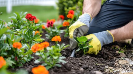 Fototapeta premium Close-Up of Hands Planting Flowers in a Garden Bed with Vibrant Marigolds and Healthy Soil