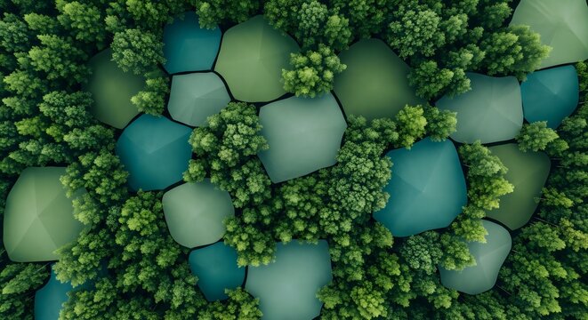 Aerial view of geometric green shapes interspersed with forest trees
