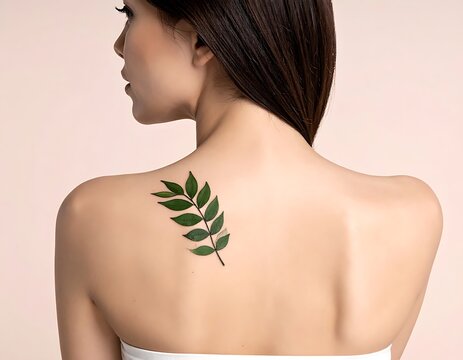 A woman's bare back with a leaf tattoo