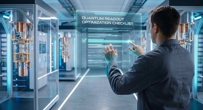 Engineer Interacting with Futuristic Holographic Quantum Optimization Checklist in Advanced Data Center