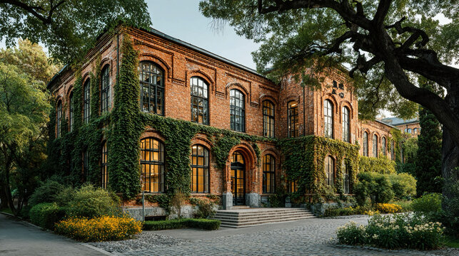 Traditional school building with brick walls, large windows, and green surroundings, illustrating classic educational architecture and organized campus environment concept.