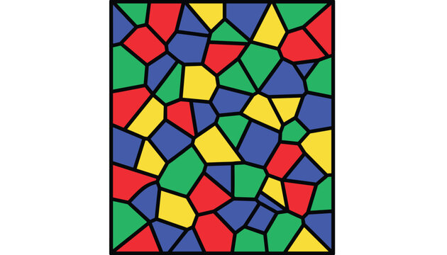 A square stained glass window displays a cellular Voronoi pattern filled with primary colors including red, yellow, blue, and green glass.