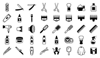 Fototapeta premium Barbershop Vector Icons Set of Professional Men Grooming Tools Hair Salon Accessories and Shaving Equipment Isolated on White Background