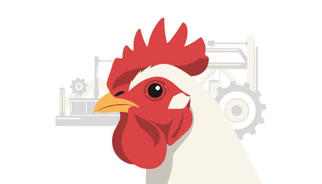 A detailed white rooster head is positioned in front of a mechanical gear silhouette in this modern agricultural vector graphic illustration.
