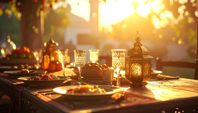 A serene outdoor dining setup at sunset with lanterns and plates