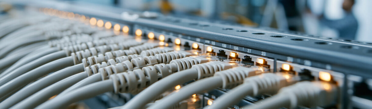 Network Cables: A close-up view of organized network cables connected to a patch panel, highlighting the infrastructure of modern technology and connectivity.