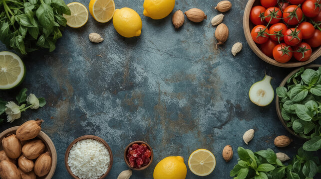 Fresh lemon basil cherry tomato and nuts arranged on rustic slate with rice and dried berry snack