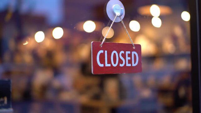 Closed Business Sign on Glass Door at Night Depicting Shop Closing Hours and Business Operations