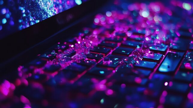 Abstract laptop keyboard illuminated with colorful lights