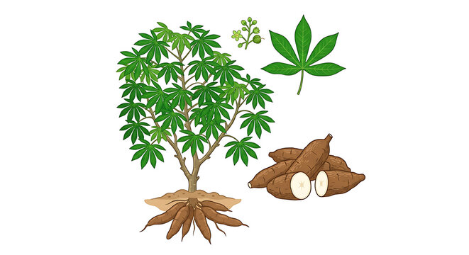 Cassava vector showing botanical plant parts and root tubers