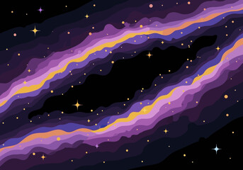 Abstract Cosmic Nebula Background with Stylized Wavy Purple and Gold Clouds and Glowing Stars © Bayu