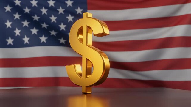 Dollar Symbol in Motion Golden 3d Dollar Sign Close up Against American Flag Background for Financial and Economic Themes