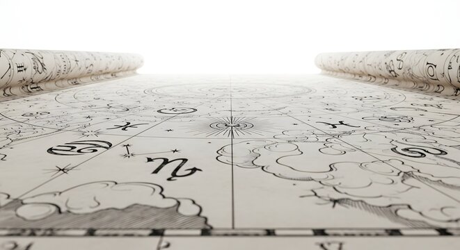 Ancient zodiac astrology map rolled on paper with celestial symbols