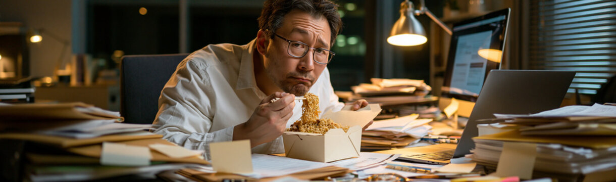 Late Night Bite: A weary man in his office eats takeout food at his messy desk, surrounded by stacks of papers and work, while illuminated by a desk lamp.