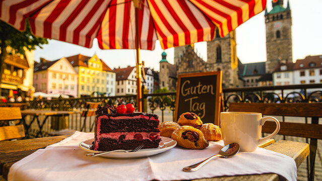 "Guten Tag" greetings featuring the German afternoon tradition of Kaffee und Kuchen (coffee and cake). The cafe terrace, with its red and white striped umbrellas.