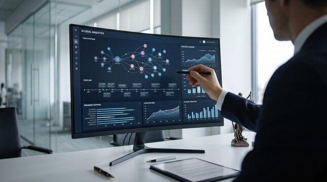 Legal professional analyzing AI legal analytics dashboard on desktop screen, reviewing case law connections and litigation statistics