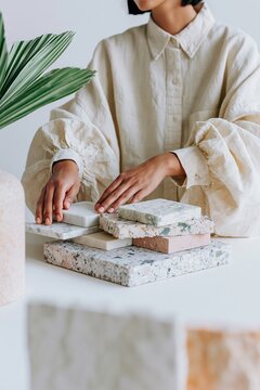Female designer in beige oversized shirt arranging various stone samples on a white table with a green plant in the background, showcasing modern interior design elements