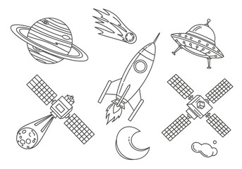 Space Exploration Vector Set: Rocket, UFO, Saturn, Satellites, and Moon Line Art Illustrations © Bayu