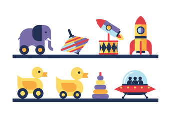 Fototapeta premium Set of Minimalist Flat Vector Children's Toys on Shelves. Colorful Kids Playthings Including Rockets, Ducks, Elephant, UFO, and Spinning Top