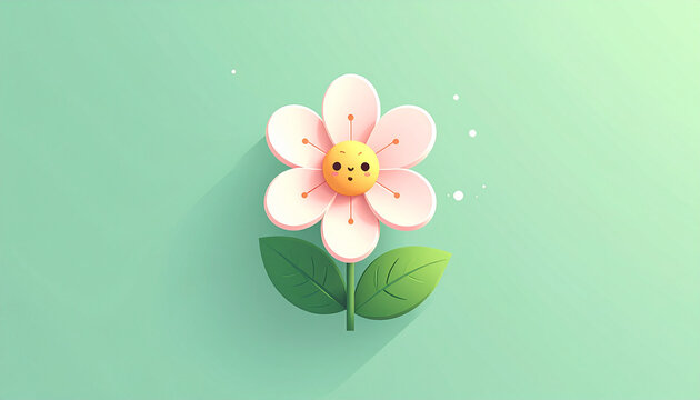 Cute pink flower with smiling face and green leaves isolated