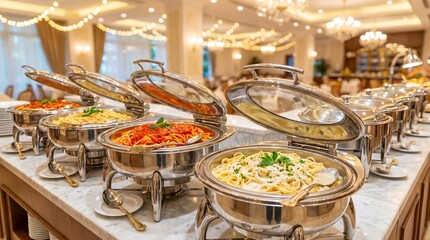 Colorful buffet spread with assorted salads and appetizers in elegant catering display at event