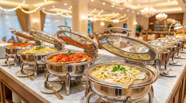 Colorful buffet spread with assorted salads and appetizers in elegant catering display at event